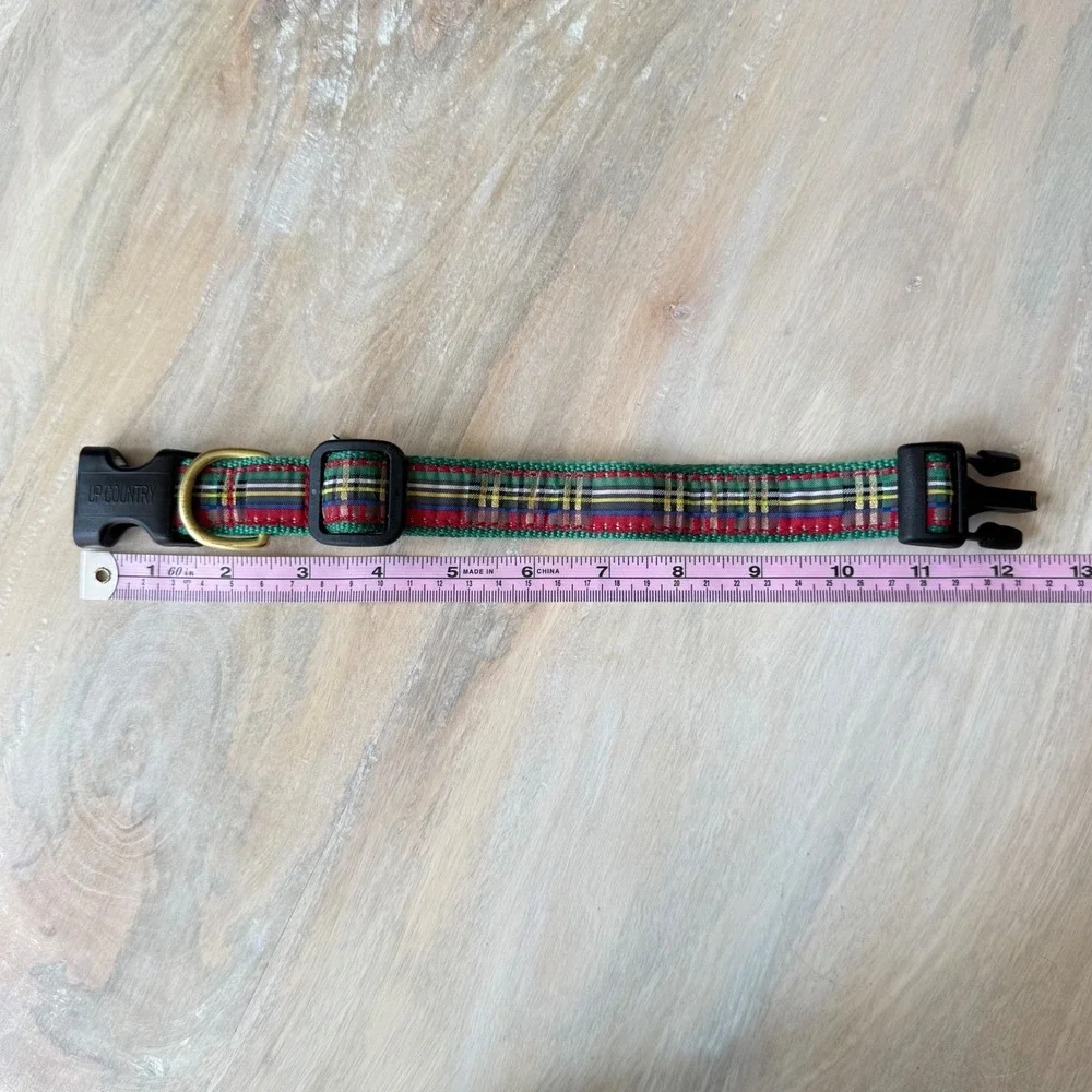Up Country Dog Collar‎ Medium Green Red Tartan Plaid Adjustable Brass Hardware
